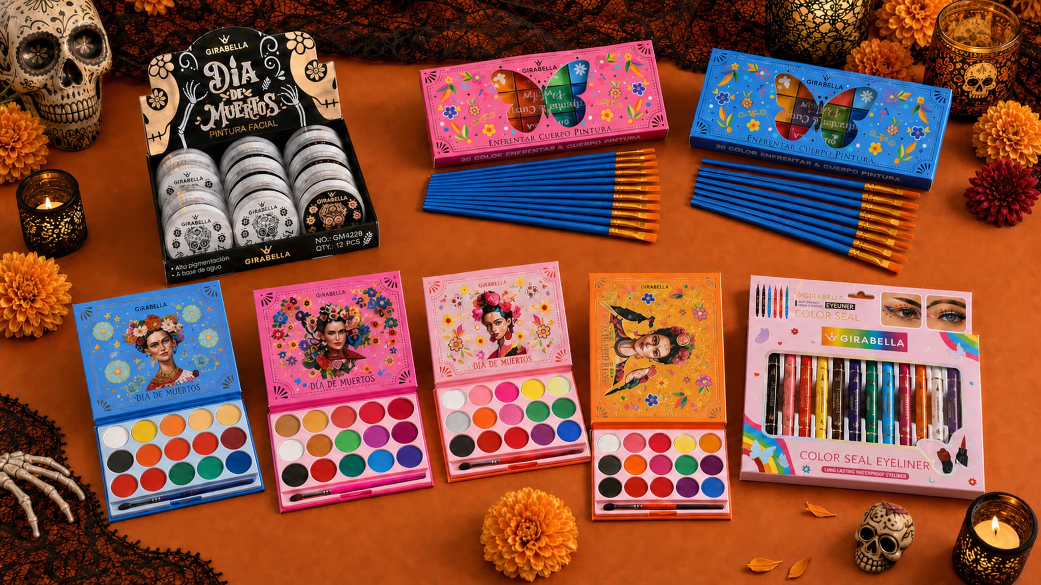Girabella Día de Muertos collection with face and body color, palettes, brushes, and graphic liners
