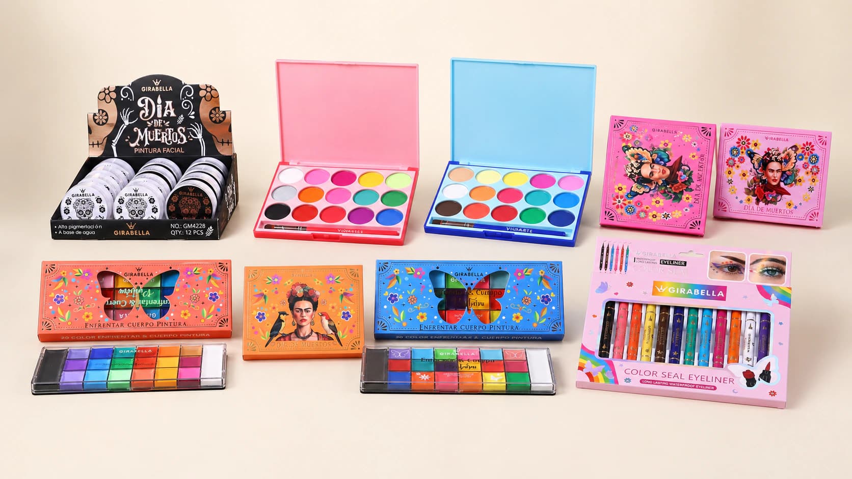 Girabella cosmetic products arranged as a coordinated collection