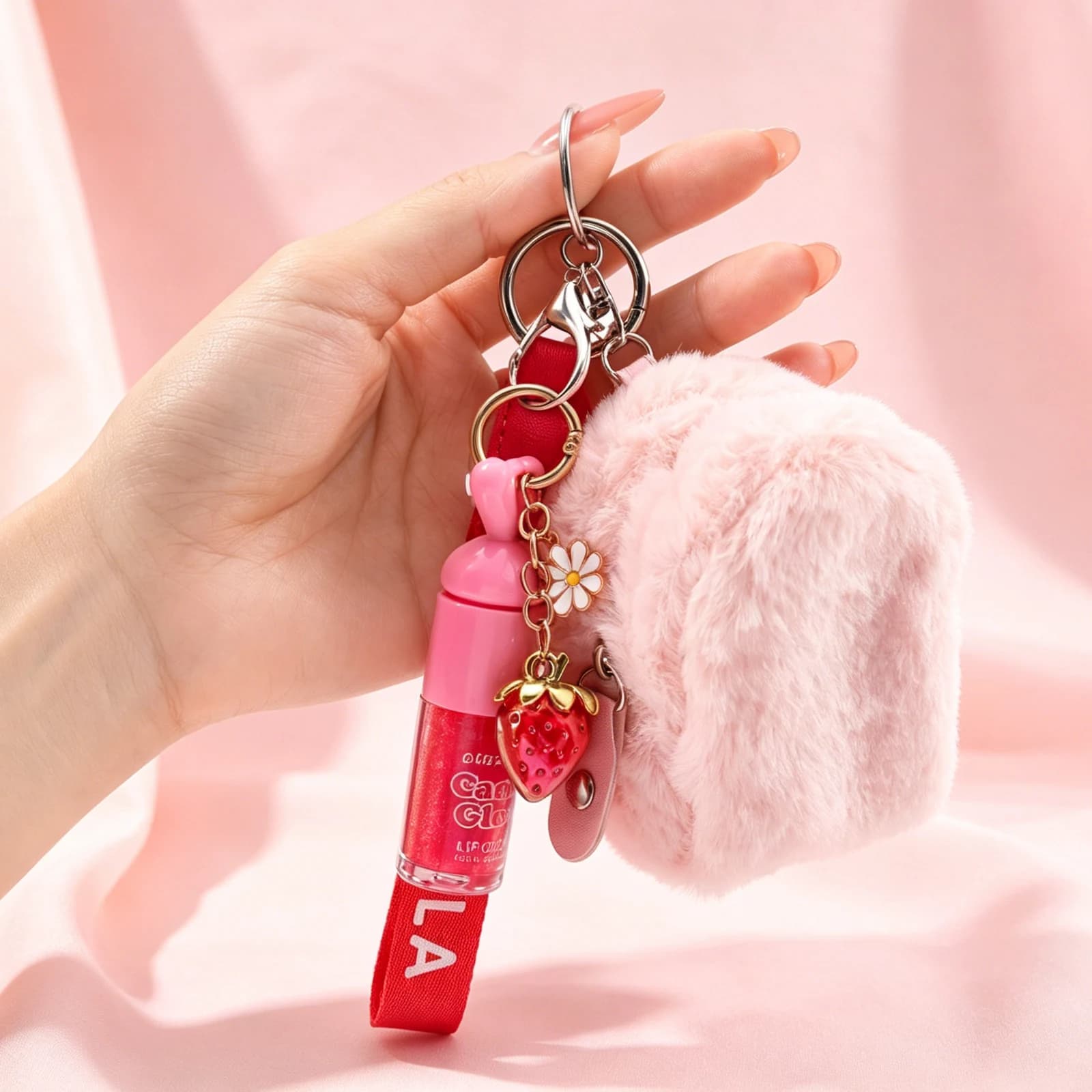 Candy Glow Lip Gloss Fluffy Pouch Keychain 2