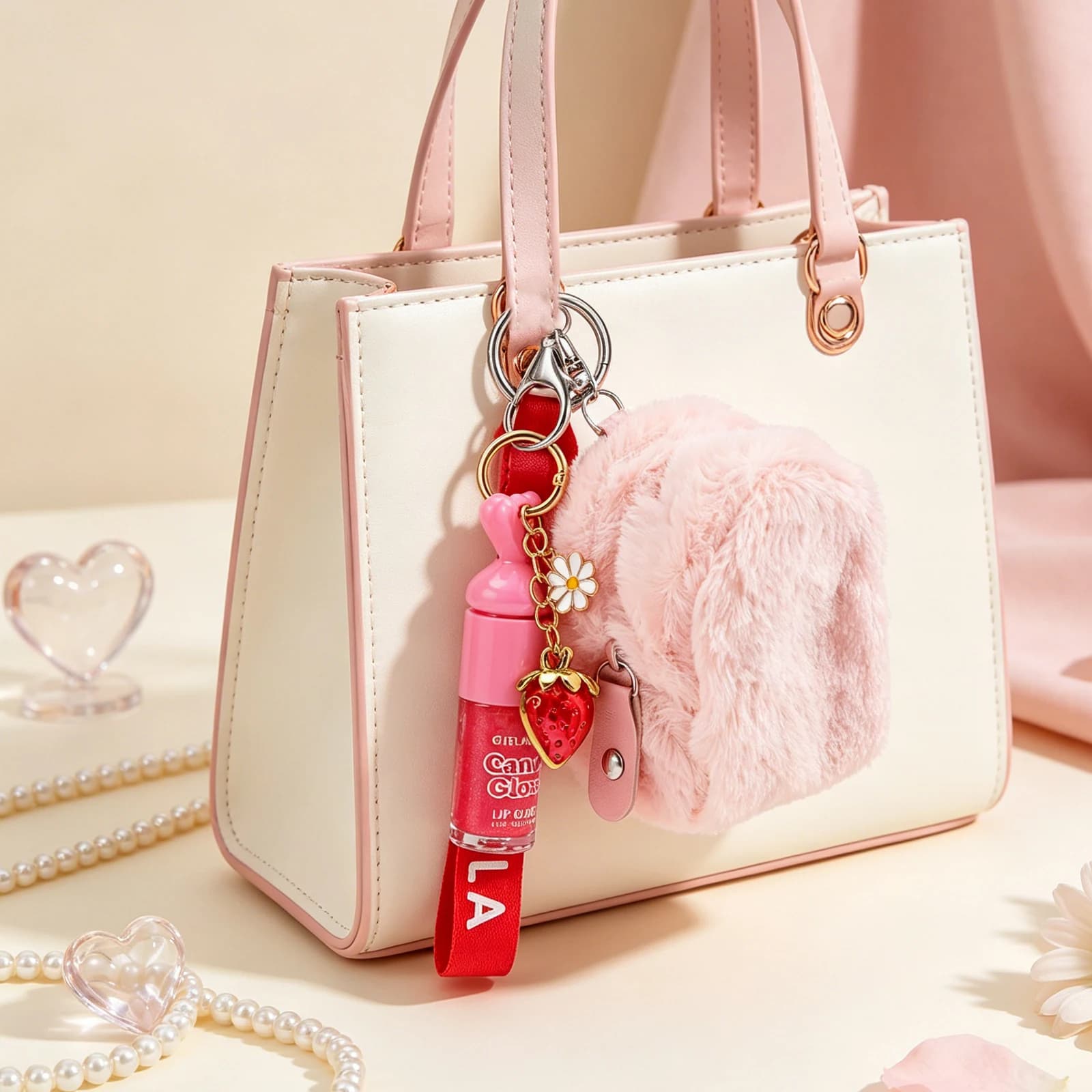 Candy Glow Lip Gloss Fluffy Pouch Keychain 3
