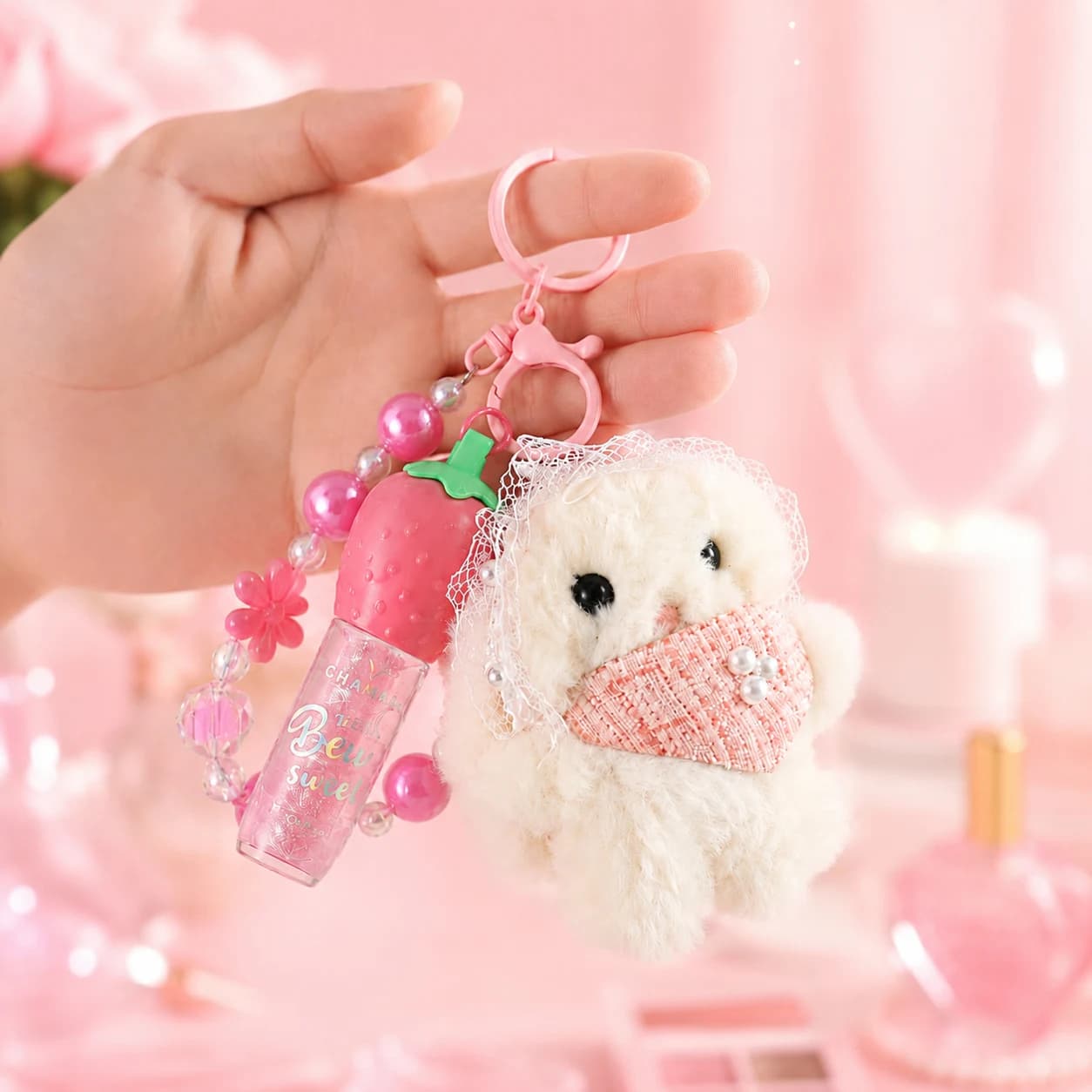 Gingham Heart Bunny Lip Gloss Keychain 3